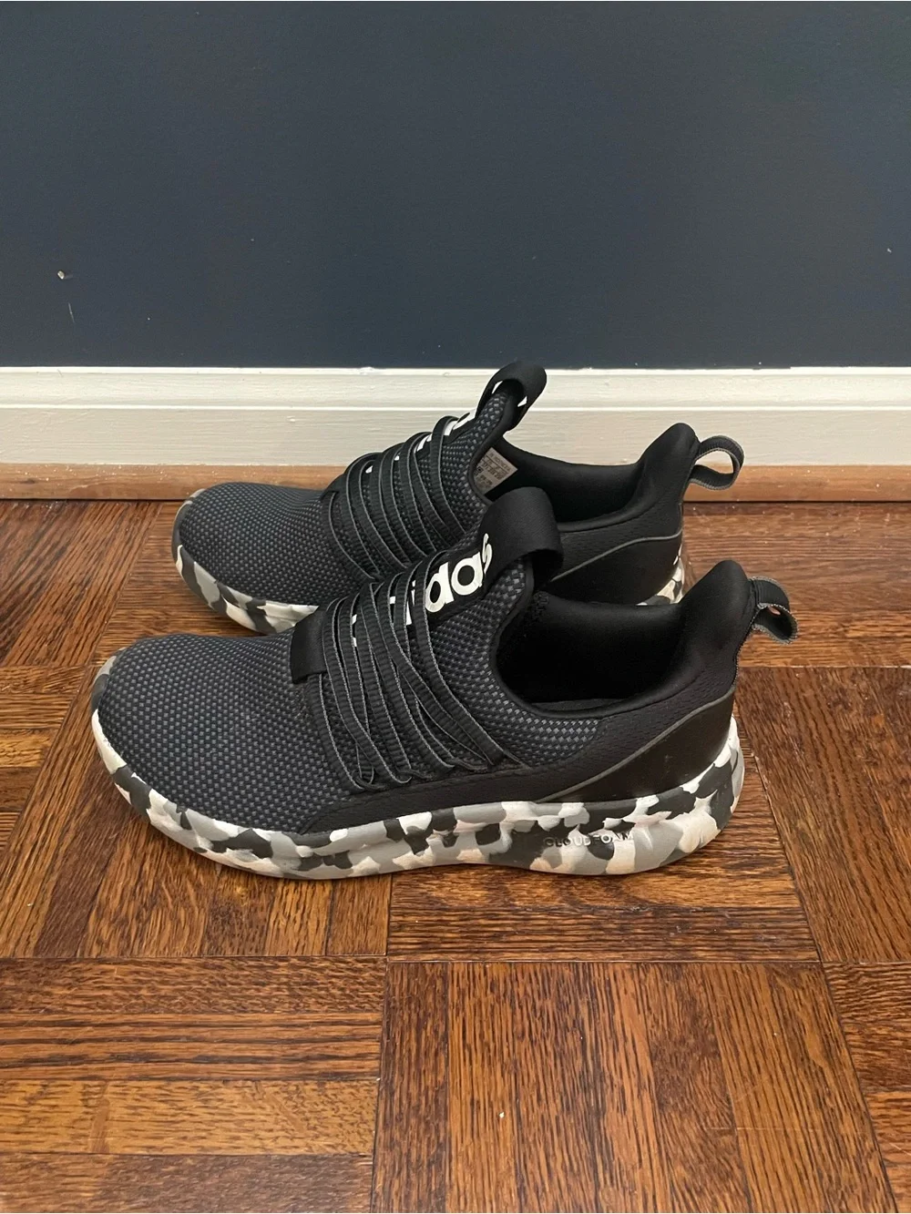 Kids Black Adidas Sneakers with Camo Sole